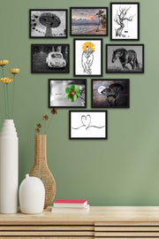 9 Parça Siyah Beyaz Tarzında Siyah Çerçeve Görünümlü Uv Baskı Mdf Tablo Seti Bonvagon