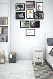 9 Parça Siyah Beyaz Tarzında Siyah Çerçeve Görünümlü Uv Baskı Mdf Tablo Seti Bonvagon