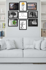 9 Parça Siyah Beyaz Tarzında Siyah Çerçeve Görünümlü Uv Baskı Mdf Tablo Seti Bonvagon