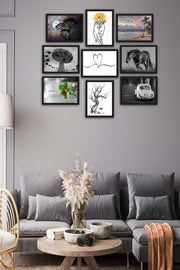 9 Parça Siyah Beyaz Tarzında Siyah Çerçeve Görünümlü Uv Baskı Mdf Tablo Seti Bonvagon