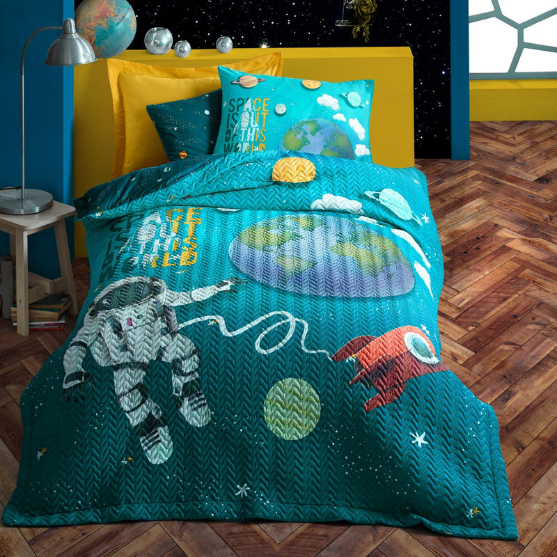 Junior Genç Nevresim Takımı Tek Kişilik Little Astronaut Turkuaz