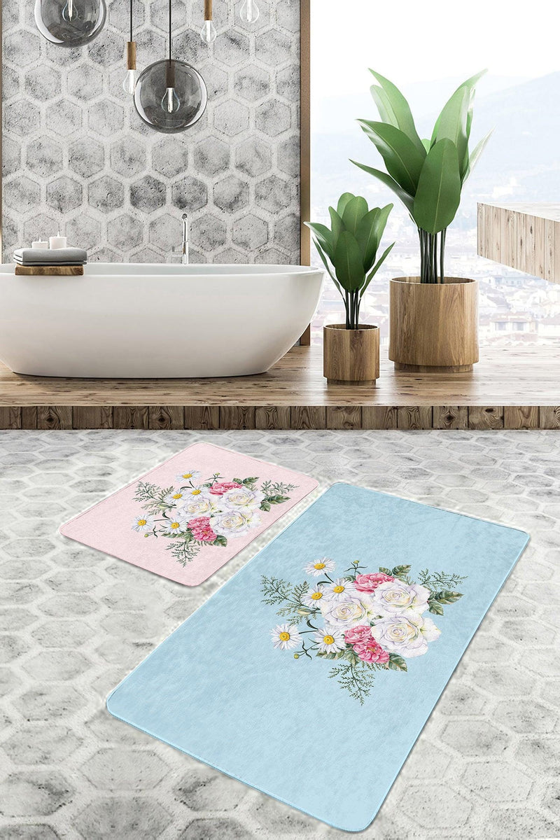 Açık Mavi Pembe Gül Demeti Desenli 2li Halı Takımı Kaymaz Taban Yıkanabilir