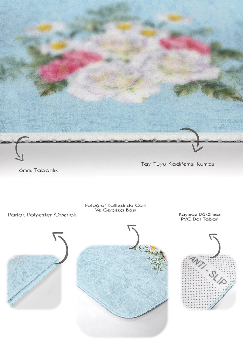 Açık Mavi Pembe Gül Demeti Desenli 2li Halı Takımı Kaymaz Taban Yıkanabilir Bonvagon
