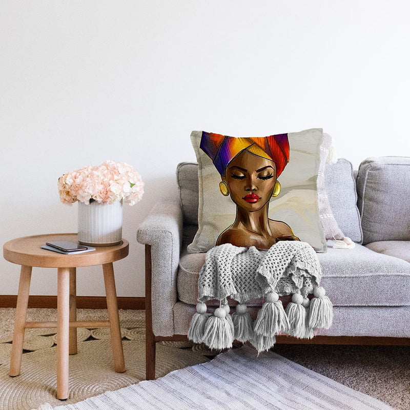 Afrika Kadın İllüstrasyon Motifli Dijital Baskılı Dekoratif Raşel Kadife Yastık Kırlent Kılıfı Bonvagon