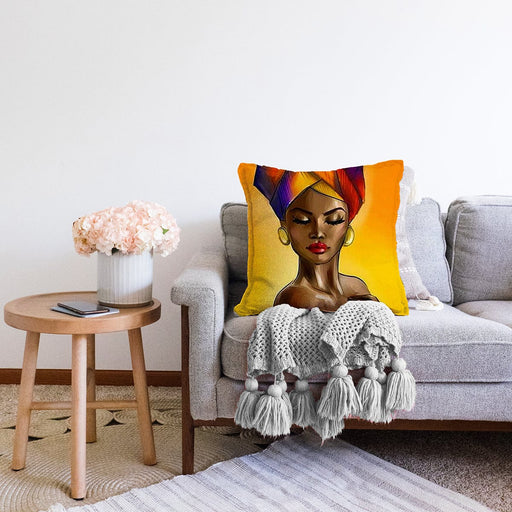 Afrikalı Kadın Çizimi Dijital Baskılı Dekoratif Raşel Kadife Yastık Kırlent Kılıfı Bonvagon