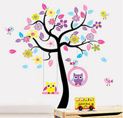 Ağaçta Sallanan Renkli Baykuş, Çiçekler ve Kuş Desenli Duvar Çıkartması Süsü (sticker) Bonvagon