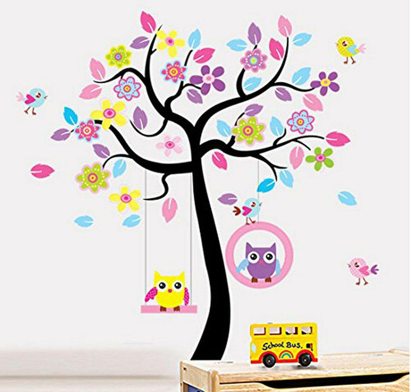 Ağaçta Sallanan Renkli Baykuş, Çiçekler ve Kuş Desenli Duvar Çıkartması Süsü (sticker) Bonvagon