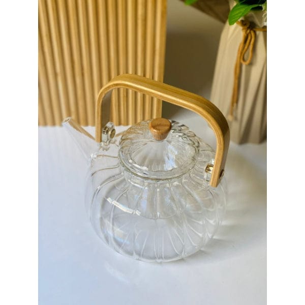 Ahşap Saplı Cam Çizgili Demlik Bonvagon