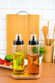 Ahşap Standlı 2`li 500 Ml Damlatmaz Akıllı Cam Yağlık Sirkelik Seti