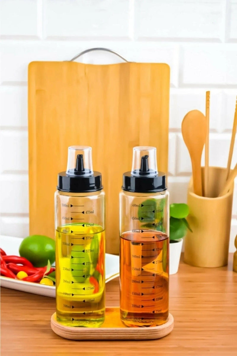 Ahşap Standlı 2`li 500 Ml Damlatmaz Akıllı Cam Yağlık Sirkelik Seti