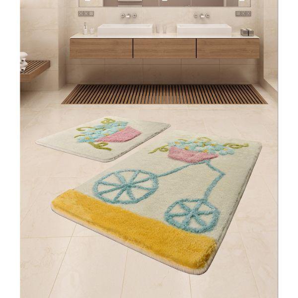 Alaçatı Sarı 2li Set Akrilik Banyo Paspas Halısı, Kaymaz Taban, Yıkanabilir Bonvagon