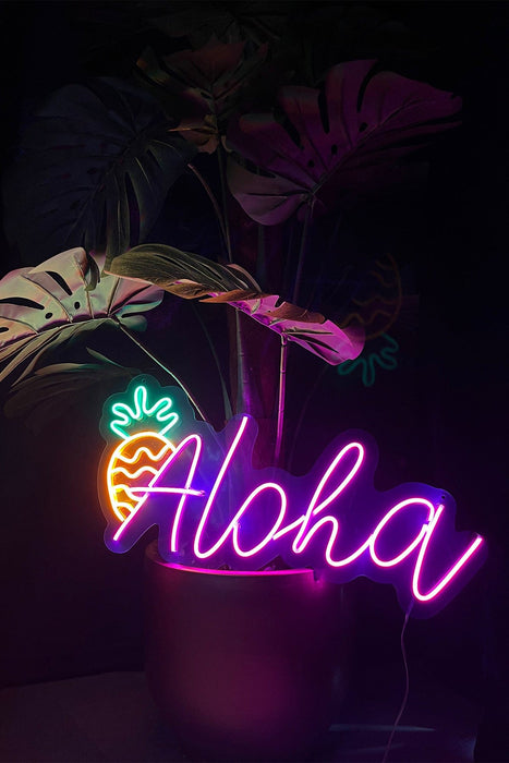Aloha Yazılı ve Ananas Şeklinde Neon Led Işıklı Tablo Duvar Dekorasyon Bonvagon
