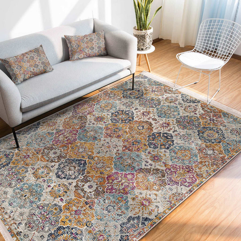 Antika Eskitme Motifli Uşak Desenli Avangarde Etnik Motifler Salon Oturma Odası Koridor Antre Dijital Baskılı Makinede Yıkanabilir Saçaklı Halı Bonvagon