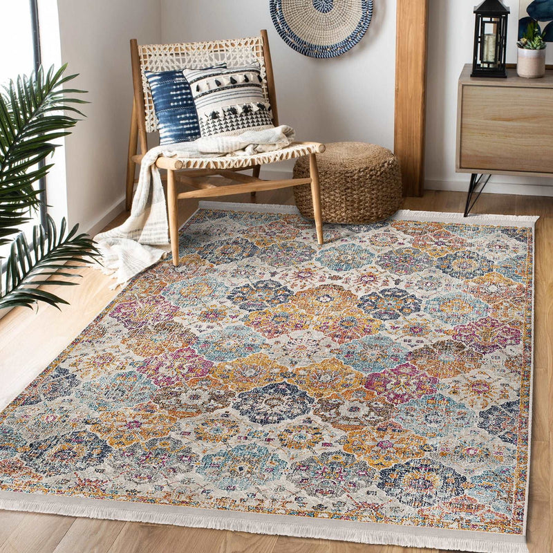 Antika Eskitme Motifli Uşak Desenli Avangarde Etnik Motifler Salon Oturma Odası Koridor Antre Dijital Baskılı Makinede Yıkanabilir Saçaklı Halı Bonvagon