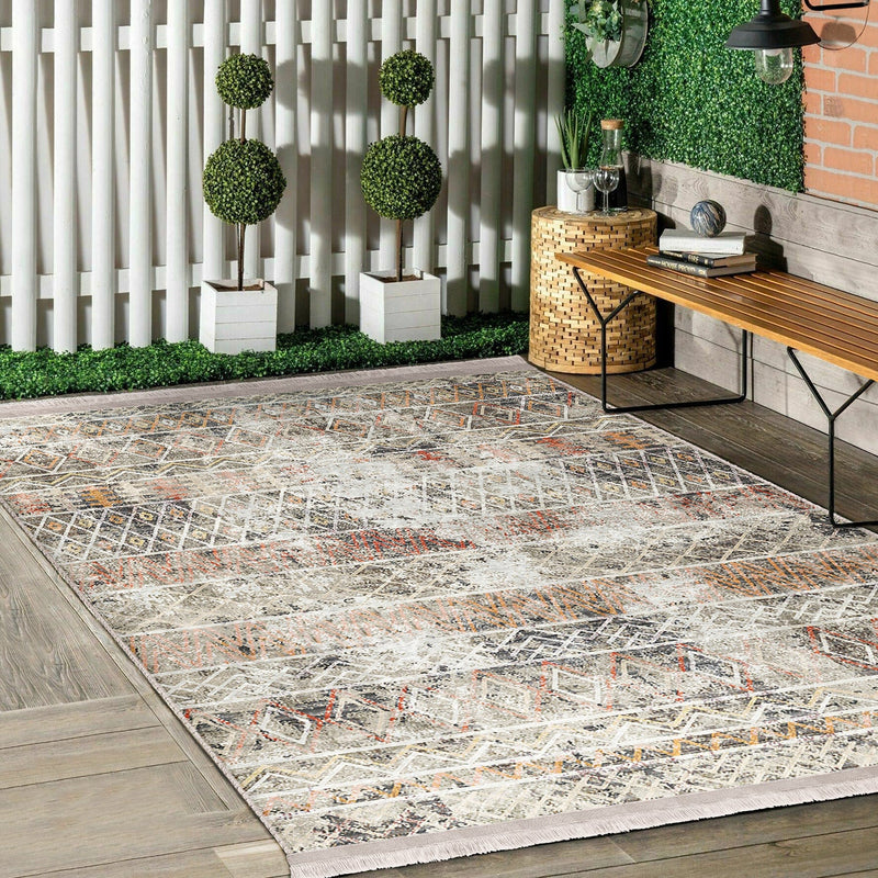 Antika Geleneksel Motifli Eskitme Desenli Eskitme Motifli Etnik Motifler Salon Oturma Odası Dış Mekan Outdoor Dijital Baskılı Makinede Yıkanabilir Saçaklı Halı Bonvagon