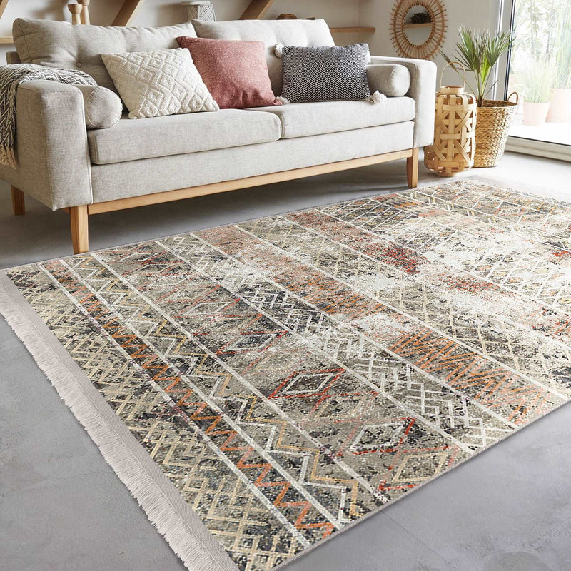 Antika Geleneksel Motifli Eskitme Desenli Eskitme Motifli Etnik Motifler Salon Oturma Odası Dış Mekan Outdoor Dijital Baskılı Makinede Yıkanabilir Saçaklı Halı Bonvagon