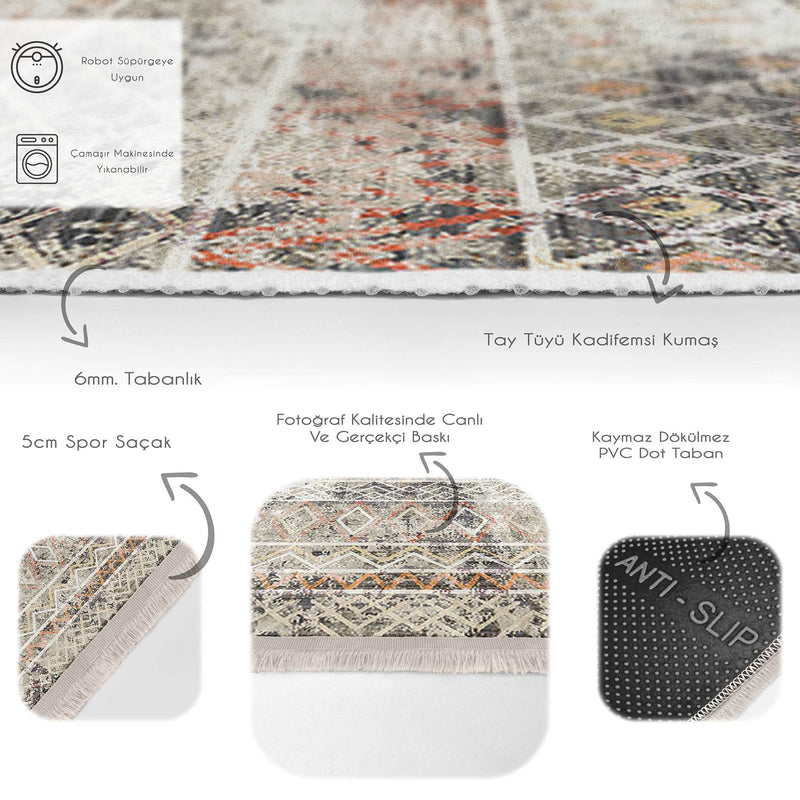 Antika Geleneksel Motifli Eskitme Desenli Eskitme Motifli Etnik Motifler Salon Oturma Odası Dış Mekan Outdoor Dijital Baskılı Makinede Yıkanabilir Saçaklı Halı Bonvagon