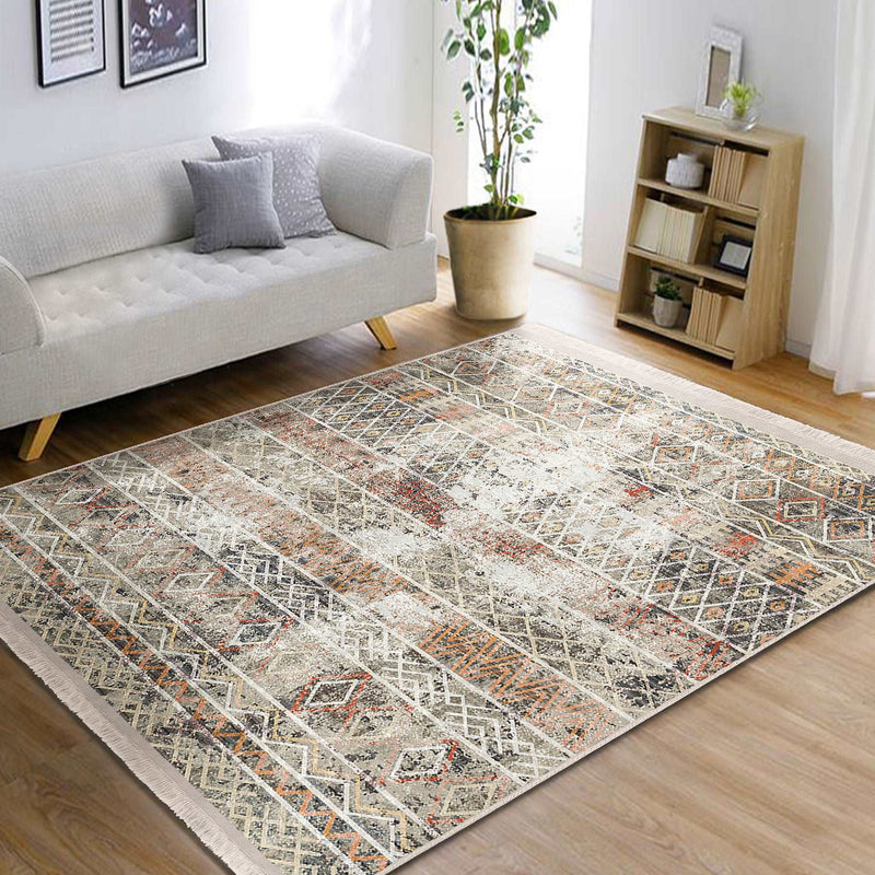 Antika Geleneksel Motifli Eskitme Desenli Eskitme Motifli Etnik Motifler Salon Oturma Odası Dış Mekan Outdoor Dijital Baskılı Makinede Yıkanabilir Saçaklı Halı Bonvagon