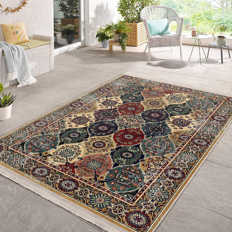 Antika Otantik Motifli Hereke Desenli Etnik Motifler Vintage Salon Oturma Odası Koridor Antre Dijital Baskılı Makinede Yıkanabilir Saçaklı Halı Bonvagon