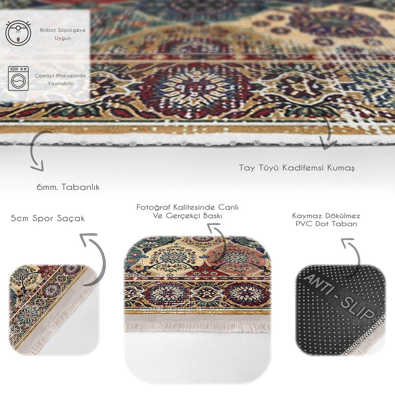 Antika Otantik Motifli Hereke Desenli Etnik Motifler Vintage Salon Oturma Odası Koridor Antre Dijital Baskılı Makinede Yıkanabilir Saçaklı Halı Bonvagon