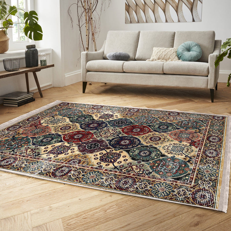 Antika Otantik Motifli Hereke Desenli Etnik Motifler Vintage Salon Oturma Odası Koridor Antre Dijital Baskılı Makinede Yıkanabilir Saçaklı Halı Bonvagon