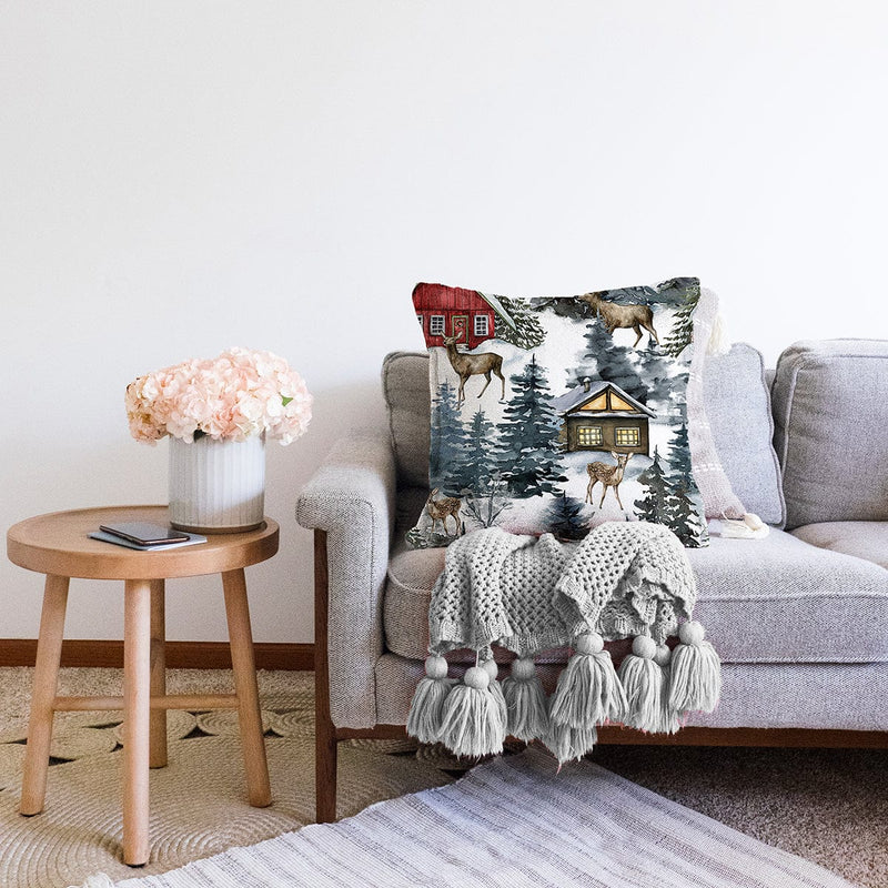 Bağ Evi Tasarımlı Kış Temalı Dijital Baskılı Dekoratif Raşel Kadife Yastık Kırlent Kılıfı Bonvagon