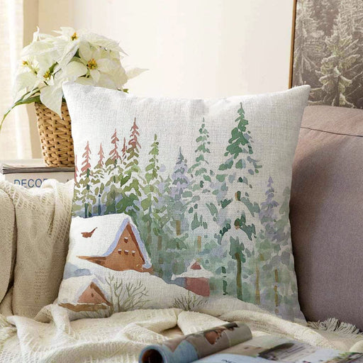 Bağ Evi Tasarımlı Kış Temalı Dijital Baskılı Dekoratif Raşel Kadife Yastık Kırlent Kılıfı Bonvagon