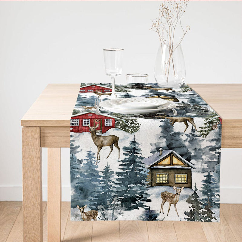 Bağ Evi Tasarımlı Kış Temalı Dijital Baskılı Dekoratif Süet Runner Bonvagon