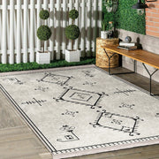 Bej Bohem Motifli Kilim Desenli Etnik Dijital Baskılı Makinede Yıkanabilir Saçaklı Halı