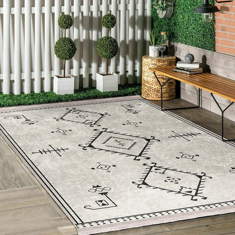 Bej Bohem Motifli Kilim Desenli Etnik Dijital Baskılı Makinede Yıkanabilir Saçaklı Halı