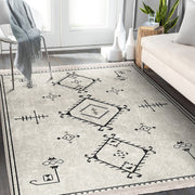 Bej Bohem Motifli Kilim Desenli Etnik Dijital Baskılı Makinede Yıkanabilir Saçaklı Halı
