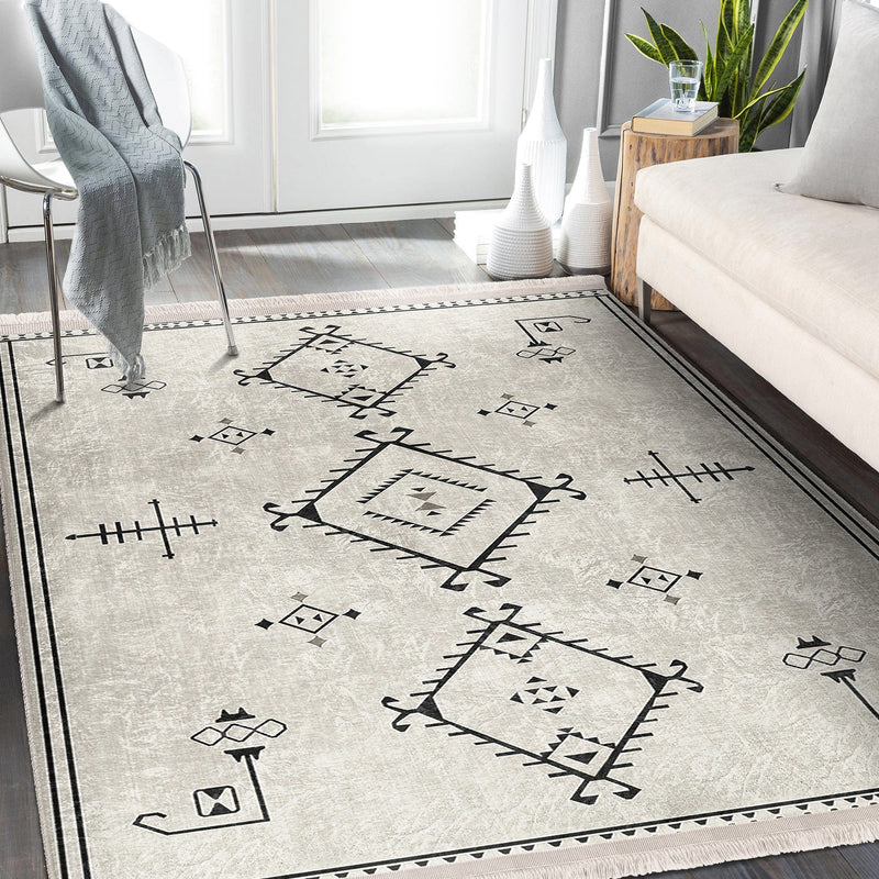 Bej Bohem Motifli Kilim Desenli Etnik Dijital Baskılı Makinede Yıkanabilir Saçaklı Halı