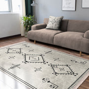 Bej Bohem Motifli Kilim Desenli Etnik Dijital Baskılı Makinede Yıkanabilir Saçaklı Halı