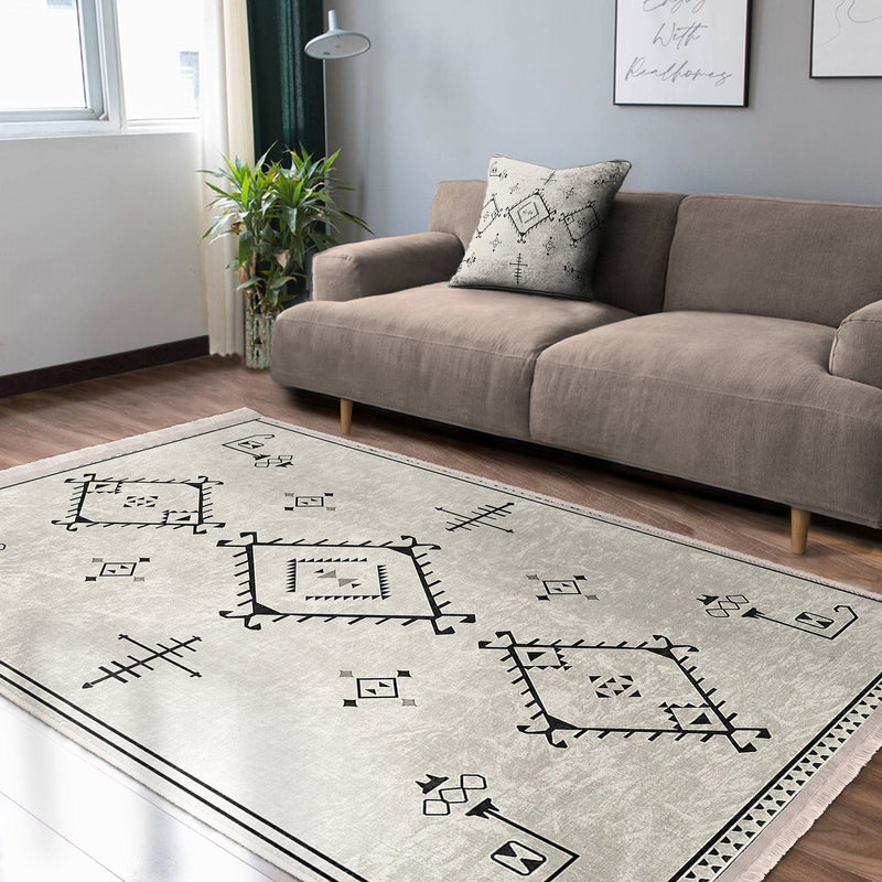 Bej Bohem Motifli Kilim Desenli Etnik Dijital Baskılı Makinede Yıkanabilir Saçaklı Halı