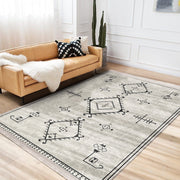 Bej Bohem Motifli Kilim Desenli Etnik Dijital Baskılı Makinede Yıkanabilir Saçaklı Halı