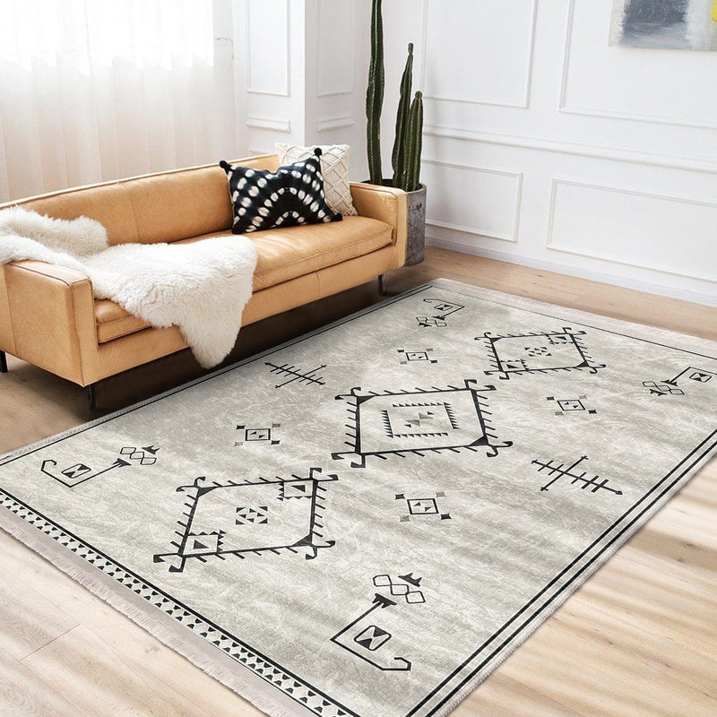 Bej Bohem Motifli Kilim Desenli Etnik Dijital Baskılı Makinede Yıkanabilir Saçaklı Halı