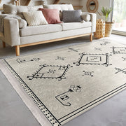 Bej Bohem Motifli Kilim Desenli Etnik Dijital Baskılı Makinede Yıkanabilir Saçaklı Halı