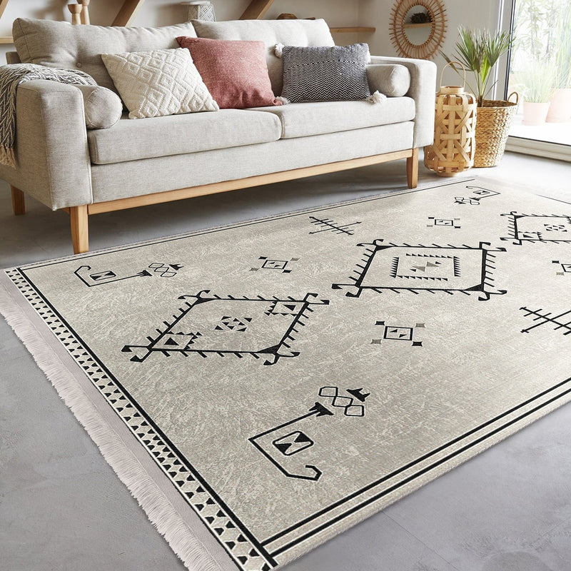 Bej Bohem Motifli Kilim Desenli Etnik Dijital Baskılı Makinede Yıkanabilir Saçaklı Halı