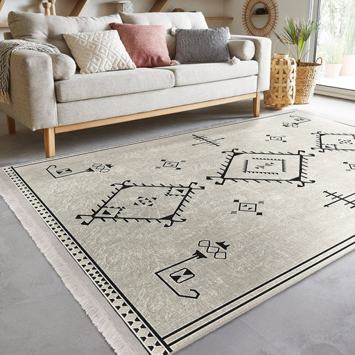 Bej Bohem Motifli Kilim Desenli Etnik Dijital Baskılı Makinede Yıkanabilir Saçaklı Halı