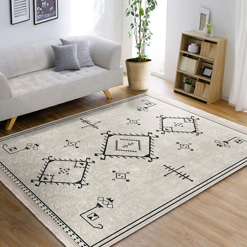 Bej Bohem Motifli Kilim Desenli Etnik Motifler Salon Oturma Yatak Odası Dijital Baskılı Makinede Yıkanabilir Saçaklı Halı Bonvagon