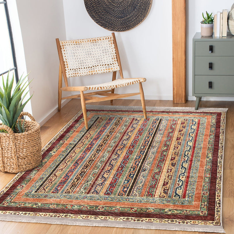 Bej Kilim Motifli Geleneksel Desenli Avangarde Etnik Dijital Baskılı Makinede Yıkanabilir Saçaklı Halı