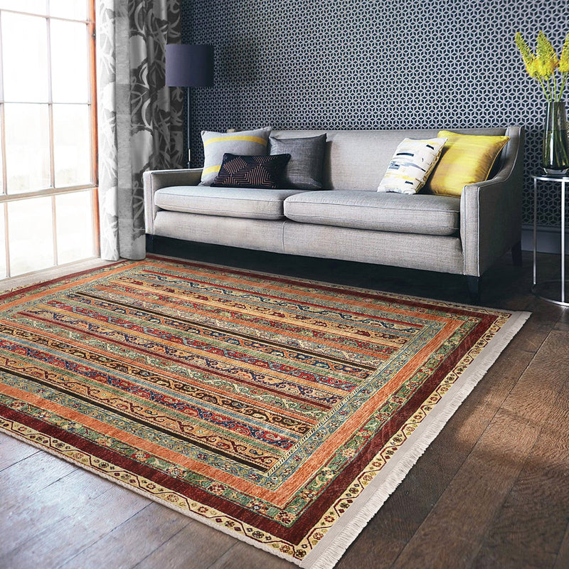 Bej Kilim Motifli Geleneksel Desenli Avangarde Etnik Dijital Baskılı Makinede Yıkanabilir Saçaklı Halı