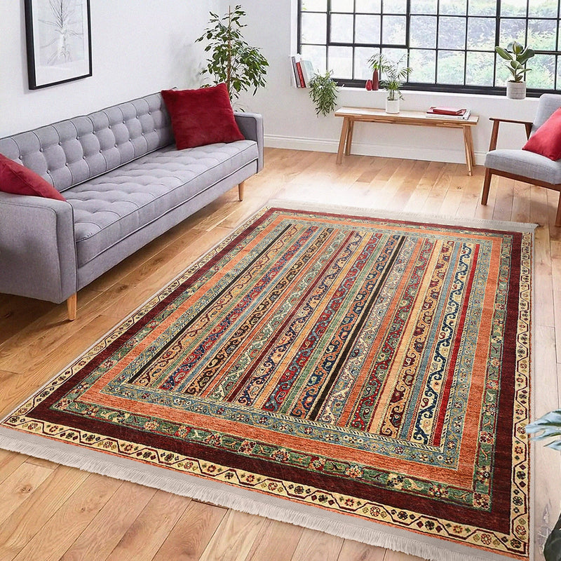 Bej Kilim Motifli Geleneksel Desenli Avangarde Etnik Dijital Baskılı Makinede Yıkanabilir Saçaklı Halı