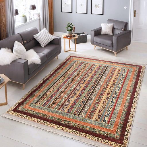 Bej Kilim Motifli Geleneksel Desenli Avangarde Etnik Dijital Baskılı Makinede Yıkanabilir Saçaklı Halı
