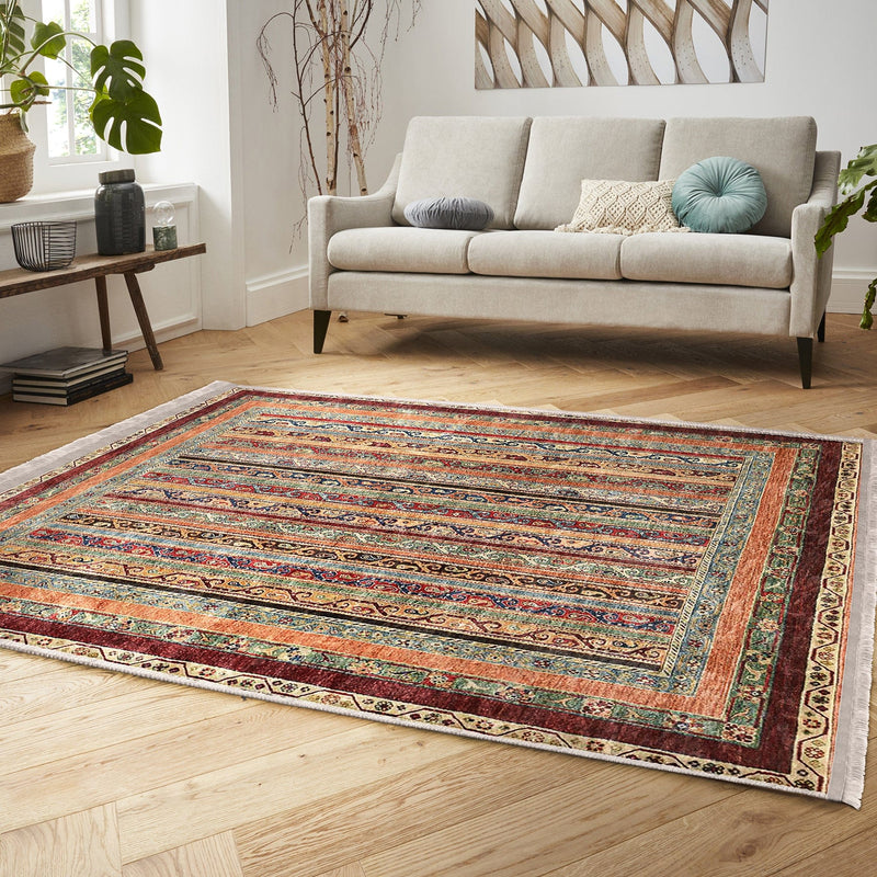 Bej Kilim Motifli Geleneksel Desenli Avangarde Etnik Motifler Salon Oturma Odası Koridor Antre Dijital Baskılı Makinede Yıkanabilir Saçaklı Halı Bonvagon