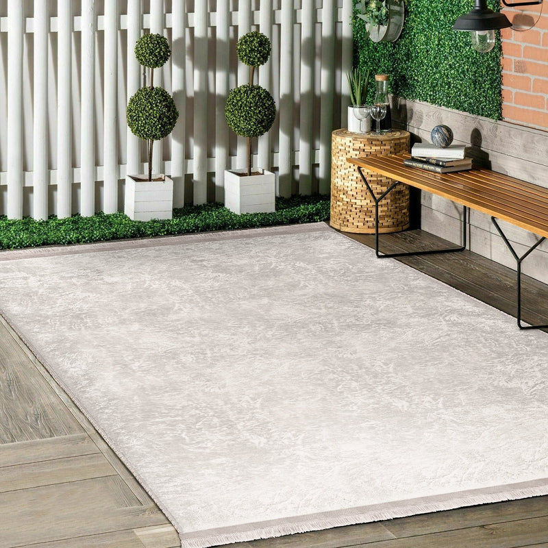 Bej Krem Motifli Düz Renk Desenli Dijital Baskılı Makinede Yıkanabilir Saçaklı Halı Bonvagon