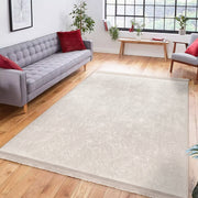 Bej Krem Motifli Düz Renk Desenli Dijital Baskılı Makinede Yıkanabilir Saçaklı Halı Bonvagon