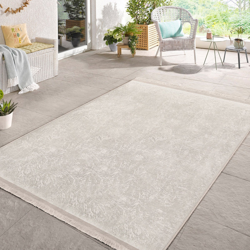 Bej Krem Motifli Düz Renk Desenli Dijital Baskılı Makinede Yıkanabilir Saçaklı Halı Bonvagon