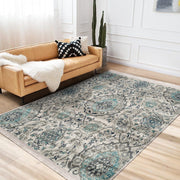 Bej - Mavi Artdeco Motifli Geleneksel Desenli Etnik Motifler Vintage Salon Oturma Odası Koridor Antre Dijital Baskılı Makinede Yıkanabilir Saçaklı Halı Bonvagon