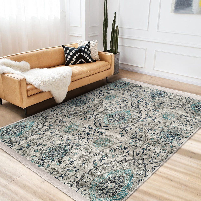 Bej - Mavi Artdeco Motifli Geleneksel Desenli Etnik Motifler Vintage Salon Oturma Odası Koridor Antre Dijital Baskılı Makinede Yıkanabilir Saçaklı Halı Bonvagon